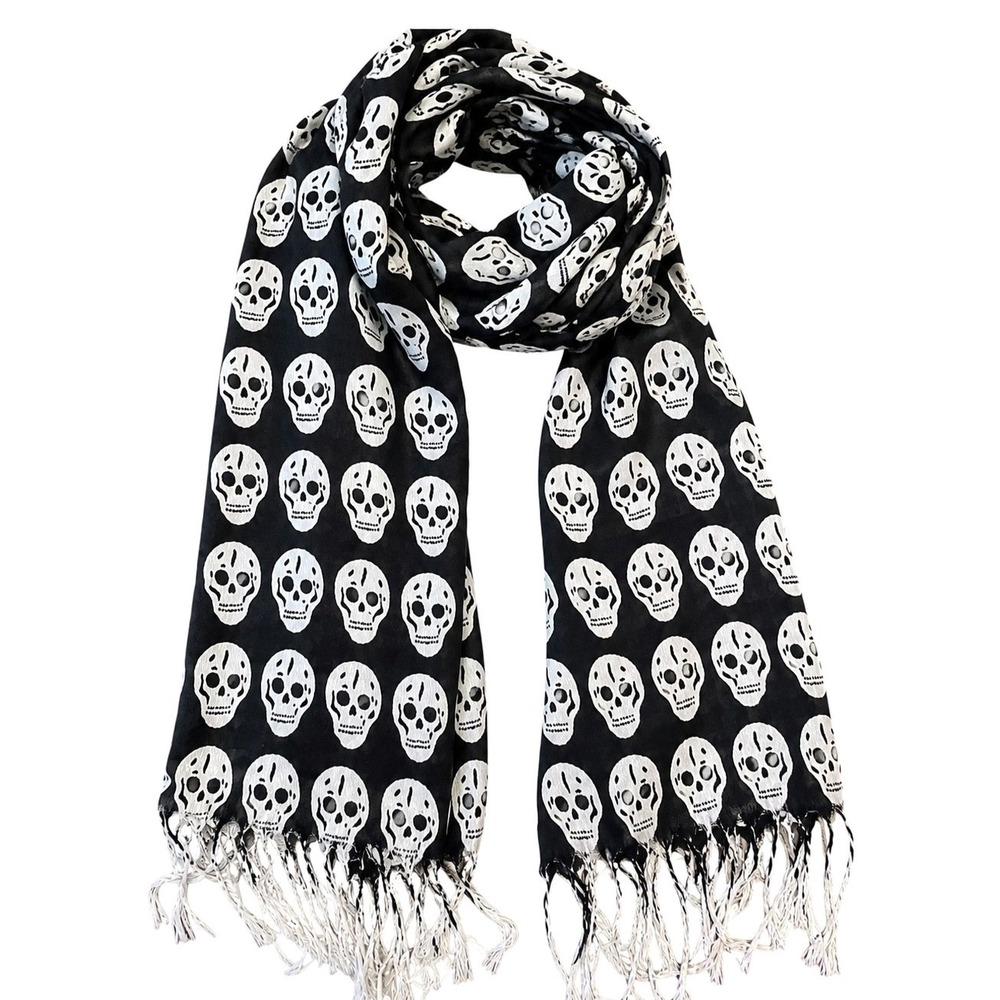 Black White Skull Fringe Scarf Gothic Grunge Halloween Punk Alt Emo Unisex